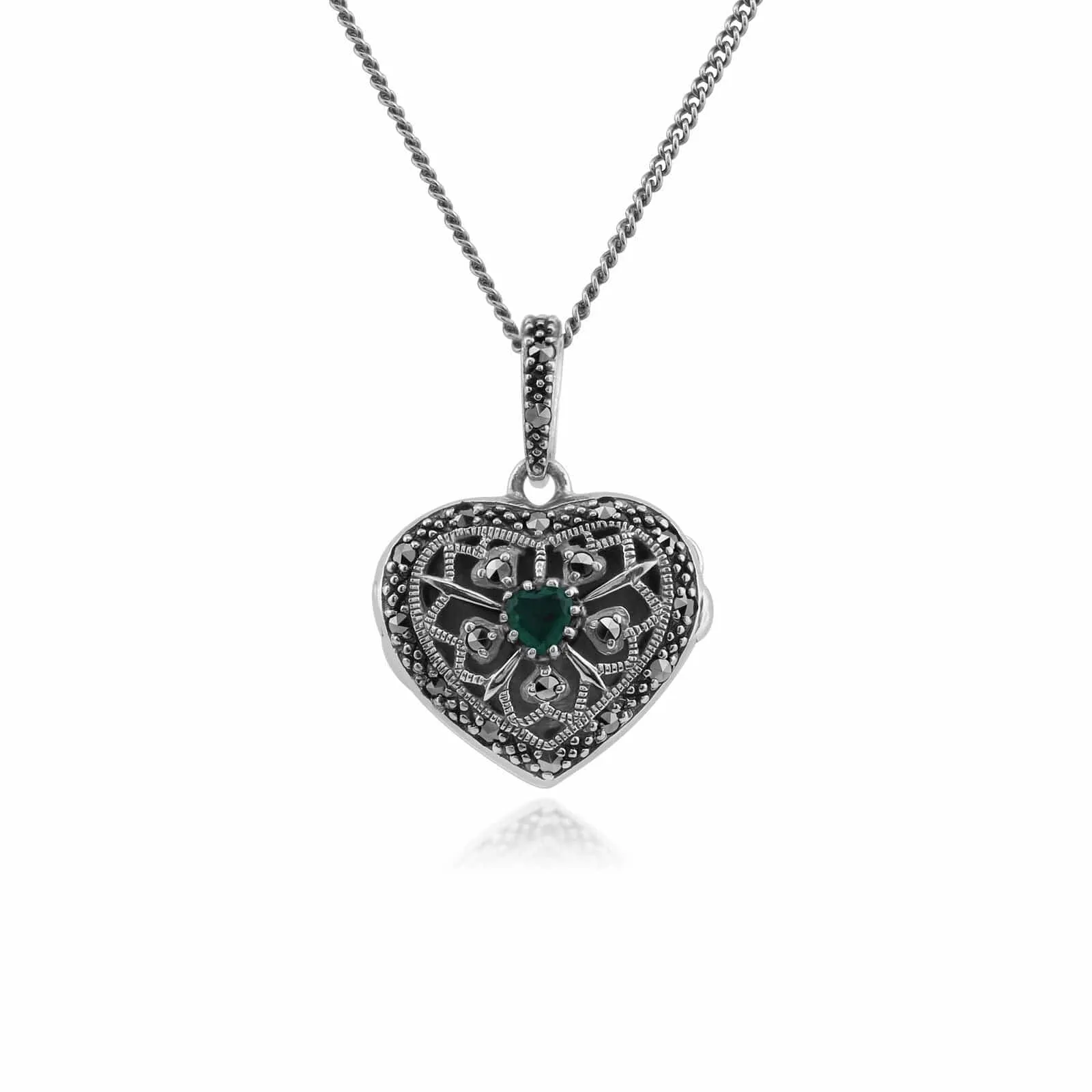 Art Nouveau Style Round Emerald & Marcasite Heart Necklace in 925 Sterling Silver sold by Gemondo Jewellery