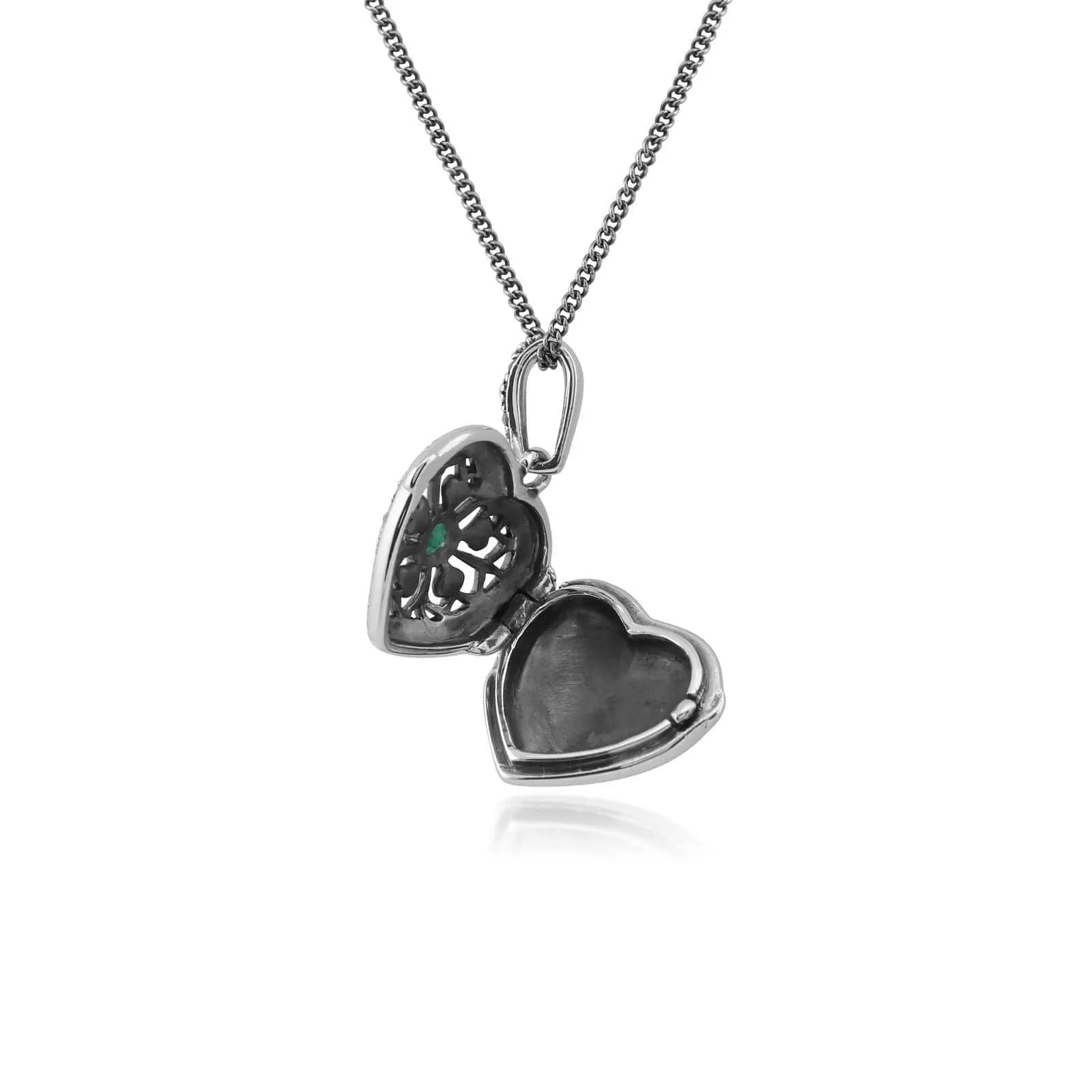 Art Nouveau Style Round Emerald & Marcasite Heart Necklace in 925 Sterling Silver sold by Gemondo Jewellery product image thumbnail 3