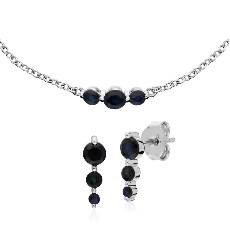 Classic Round Sapphire Three Stone Earrings & Bracelet Set in 925 Sterling Silver sold by Gemondo Jewellery