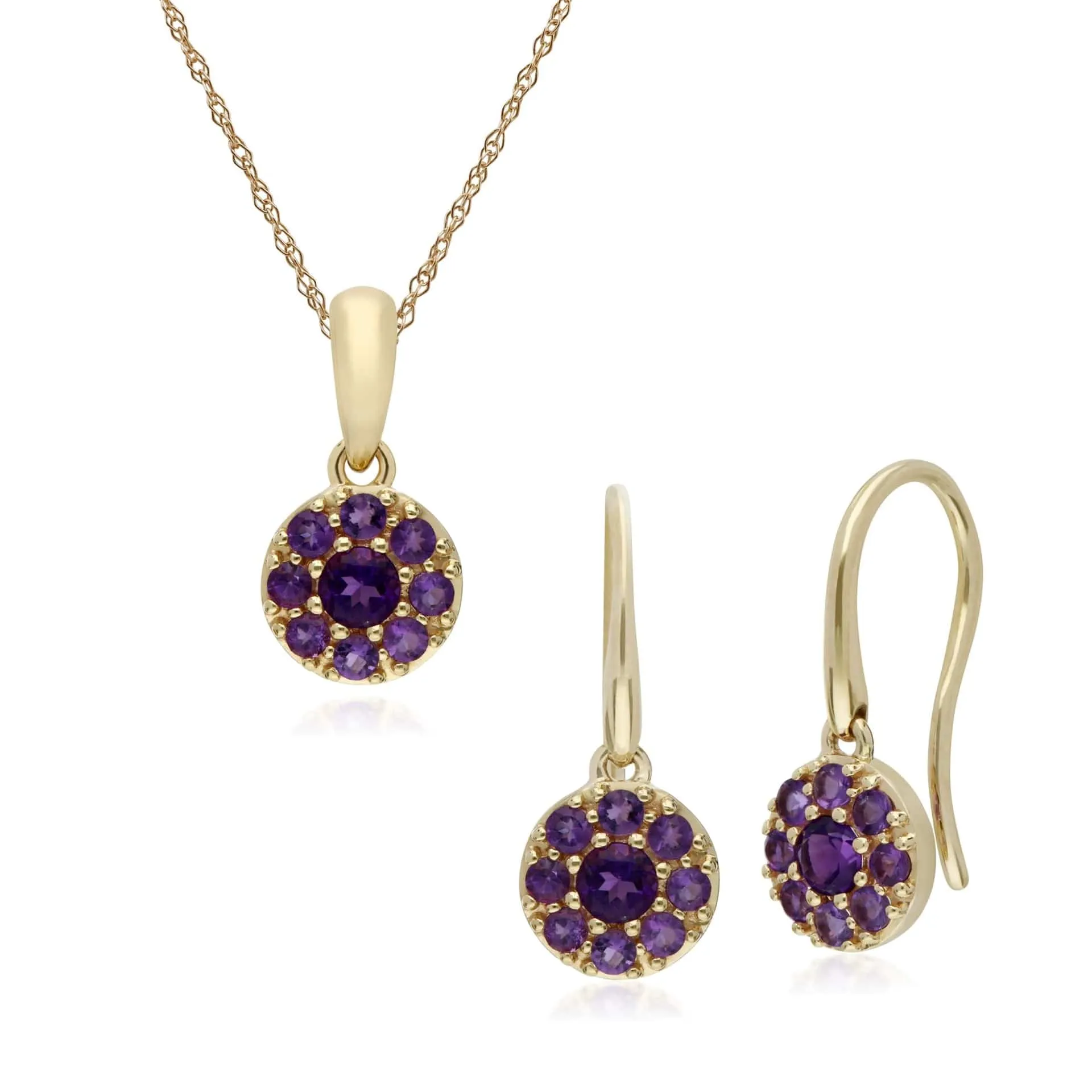 Classic Round Amethyst Cluster Drop Earrings & Pendant Set in 9ct Yellow Gold sold by Gemondo Jewellery