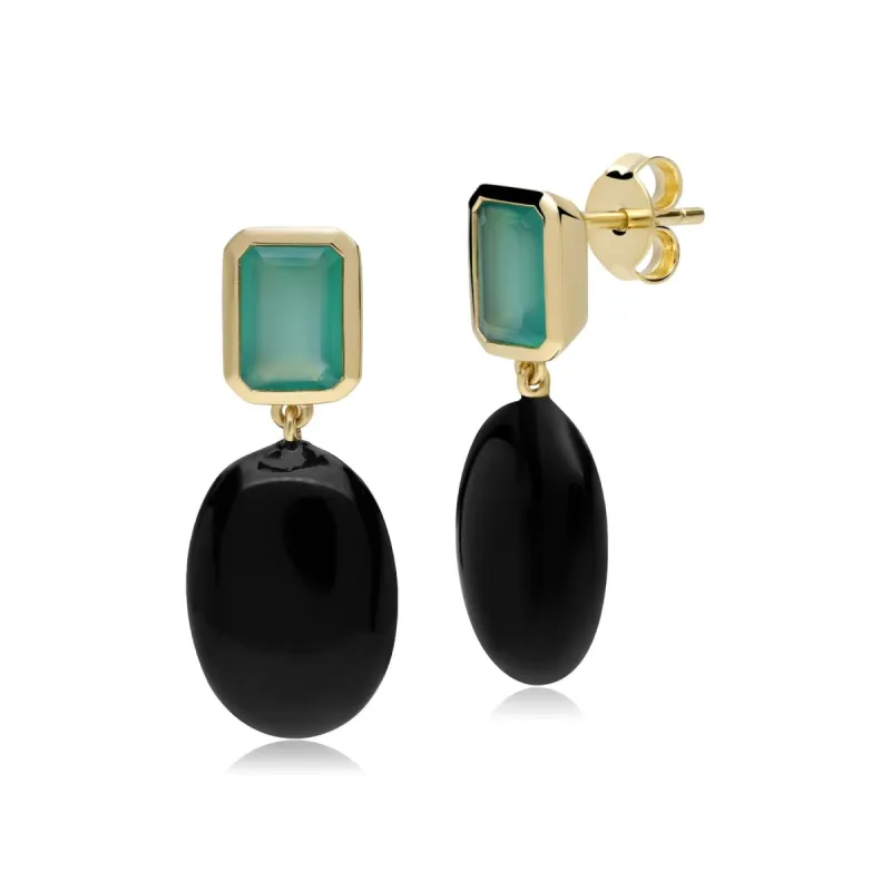 ECFEW™ Unifier Dyed Green Chalcedony & Onyx Drop Earrings In Sterling Silver sold by Gemondo Jewellery