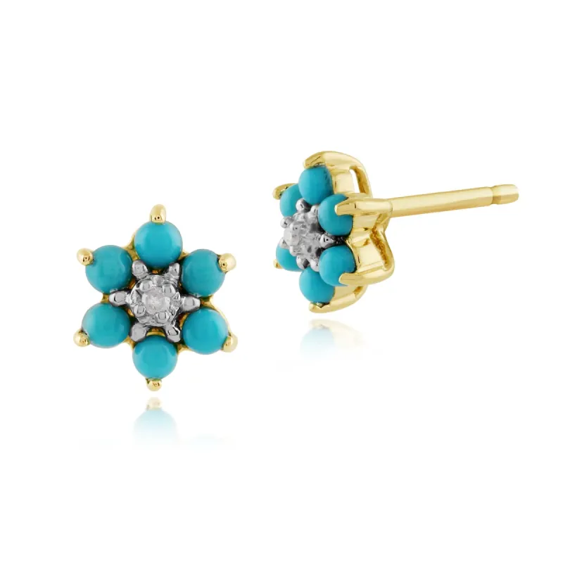 Floral Round Turquoise & Diamond Stud Earrings in 9ct Yellow Gold sold by Gemondo Jewellery
