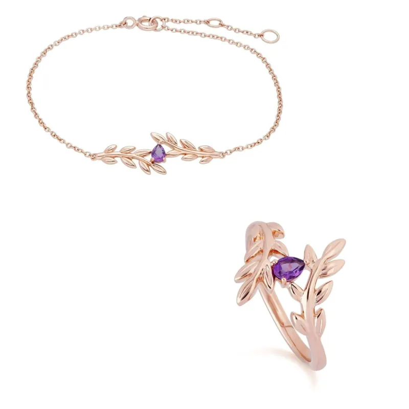 O Leaf Amethyst Bracelet & Ring Set in 9ct Rose Gold sold by Gemondo Jewellery
