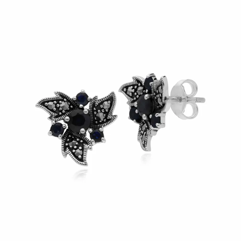Gemondo Sterling Silver Sapphire & Marcasite Art Nouveau Floral Earrings sold by Gemondo Jewellery