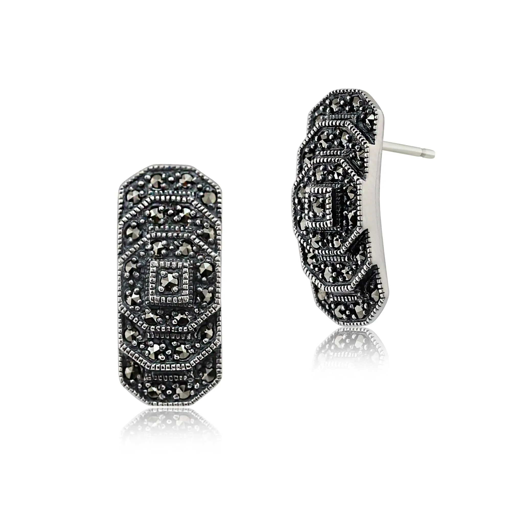 Art Deco Style Round Marcasite Stepped Stud Earrings in 925 Sterling Silver sold by Gemondo Jewellery