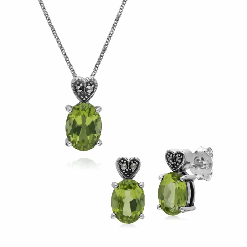 Art Deco Style Oval Peridot & Marcasite Oval Stud Earrings & Necklace Set in 925 Sterling Silver sold by Gemondo Jewellery