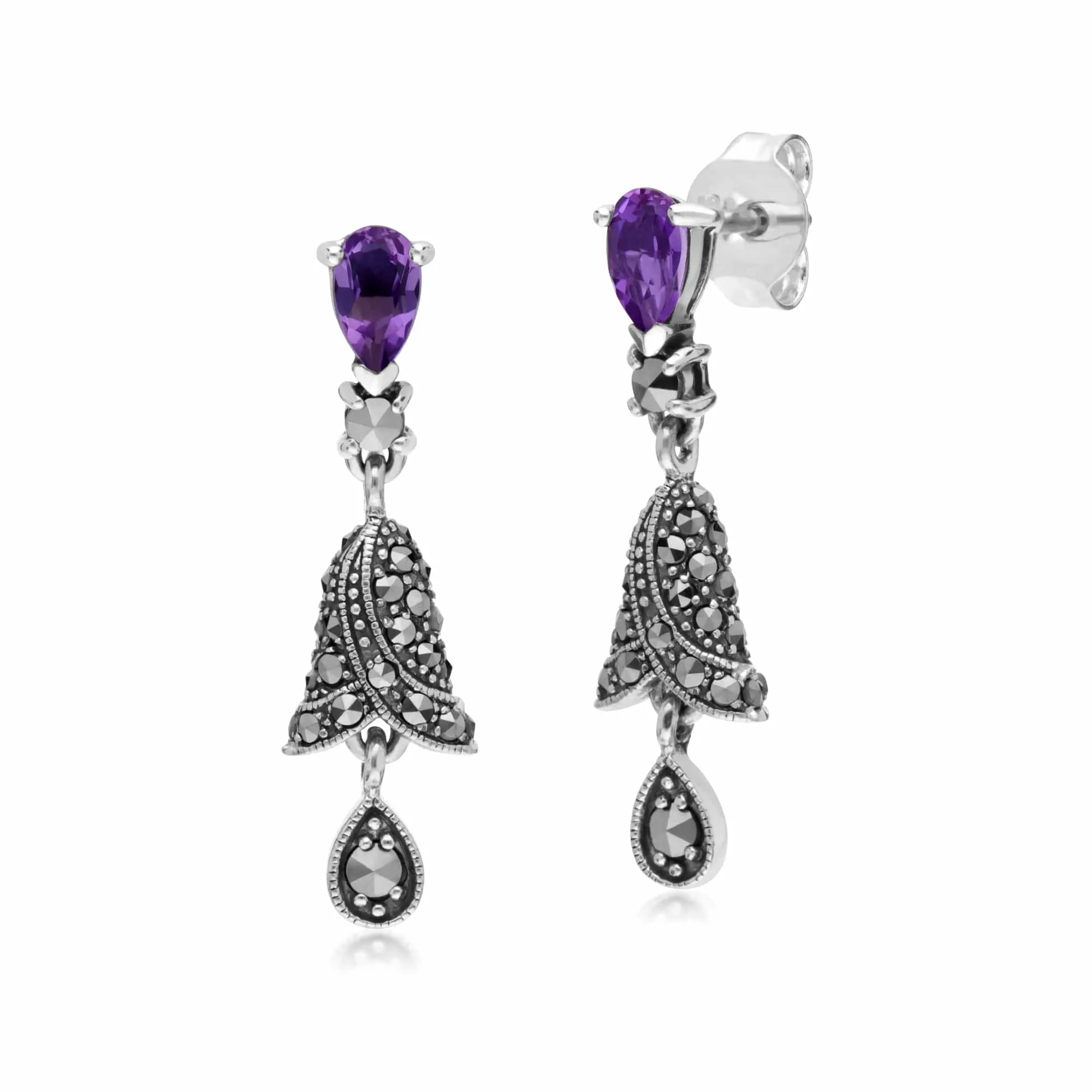 Gemondo Sterling Silver Amethyst and Marcasite Bell Drop Earrings sold by Gemondo Jewellery