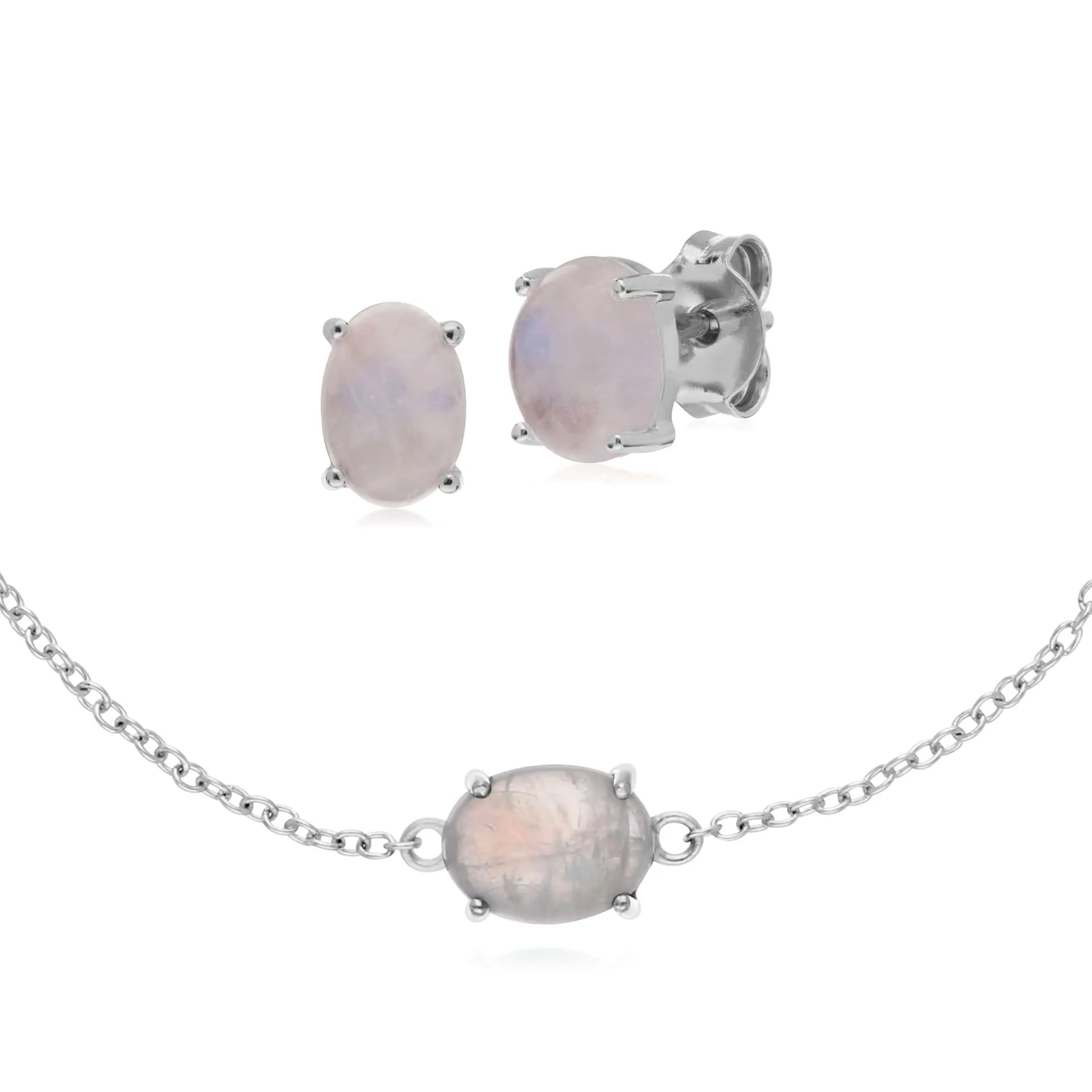 Classic Oval Rainbow Moonstone Stud Earrings & Bracelet Set in 925 Sterling Silver sold by Gemondo Jewellery