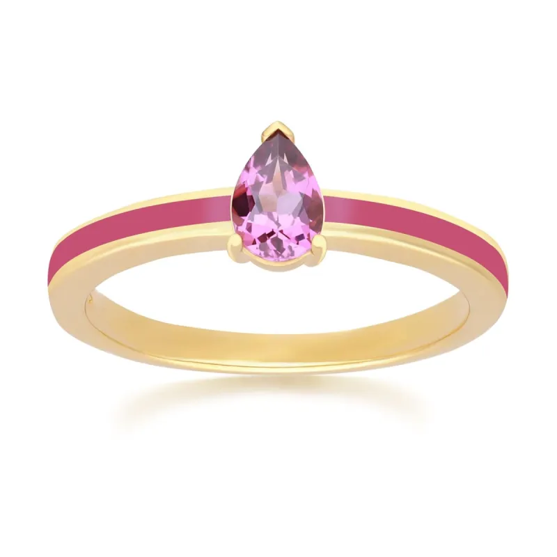 Siberian Waltz Pink Enamel & Rhodolite Ring in Gold Plated Silver sold by Gemondo Jewellery