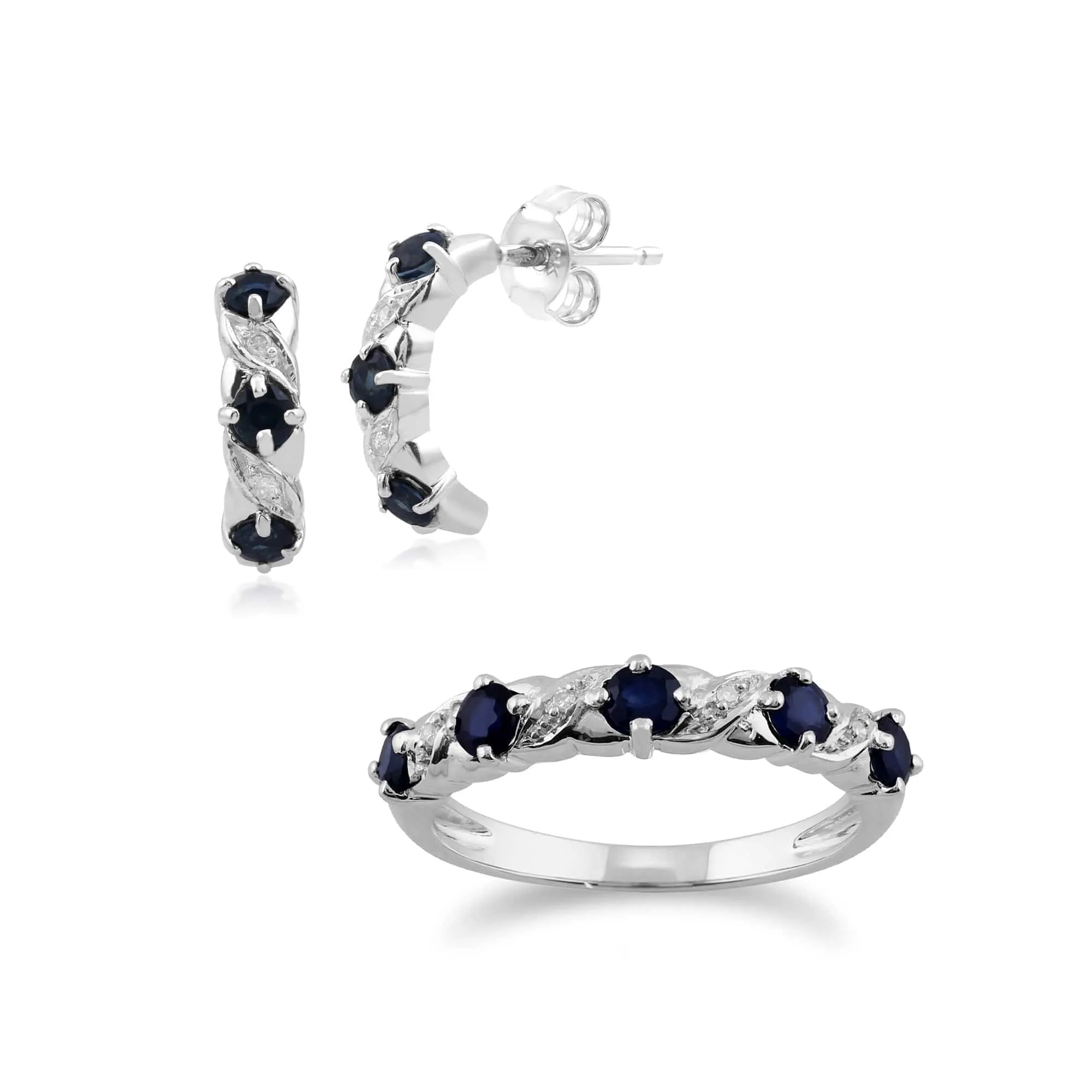 Classic Round Sapphire & Diamond Half Hoop Earrings & Half Eternity Ring Set in 9ct White Gold sold by Gemondo Jewellery