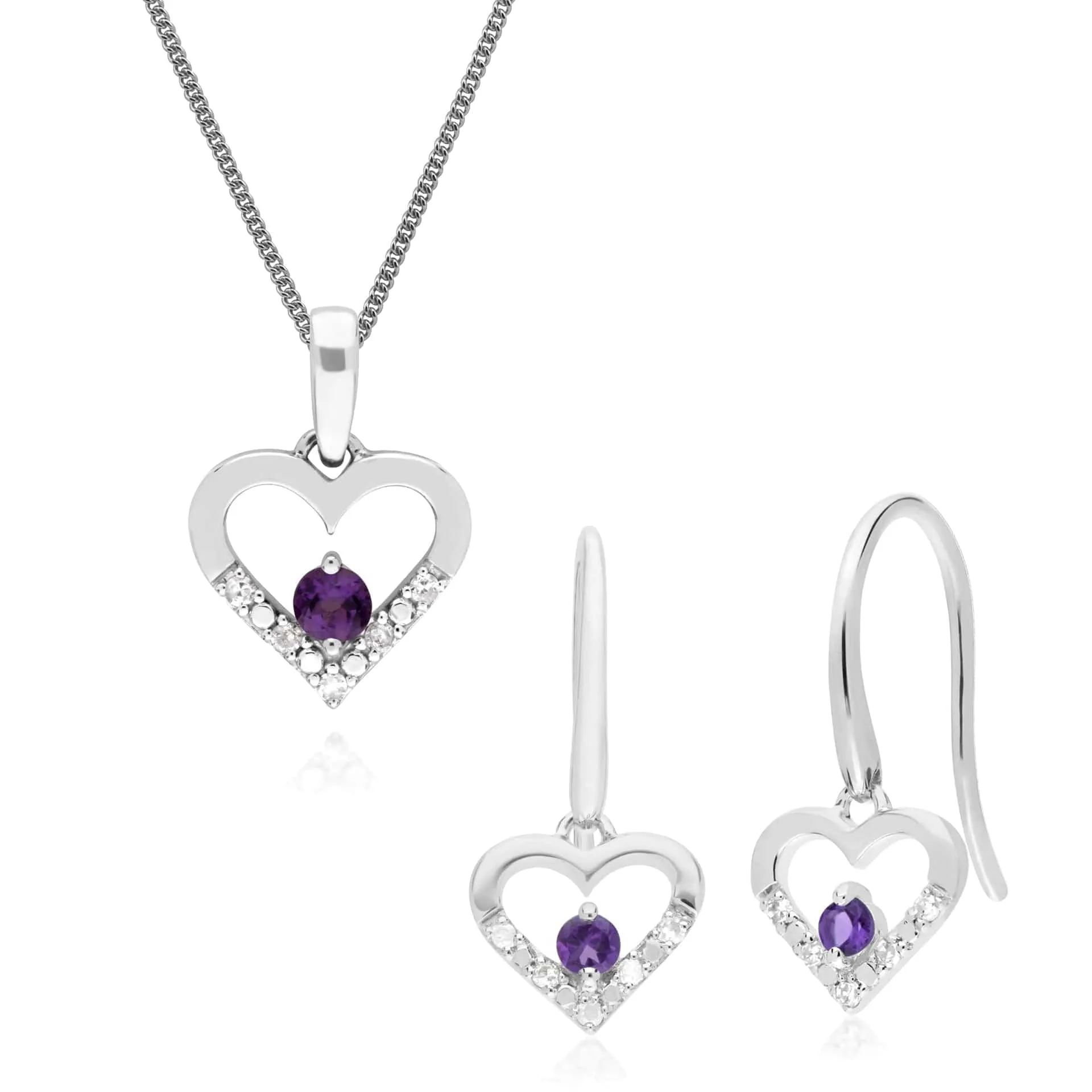 Classic Round Amethyst & Diamond Heart Drop Earrings & Pendant Set in 9ct White Gold sold by Gemondo Jewellery