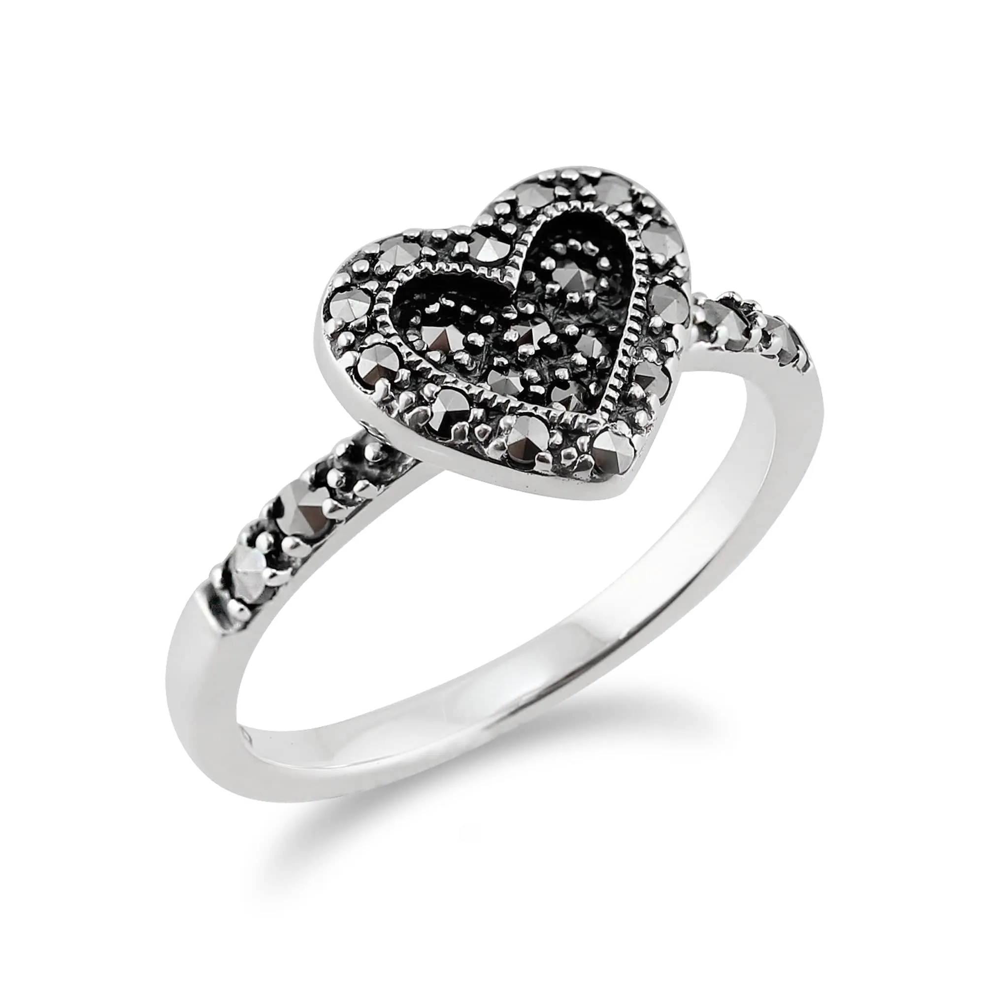 Art Deco Style Round Marcasite Love Heart Ring in 925 Sterling Silver sold by Gemondo Jewellery product image thumbnail 2