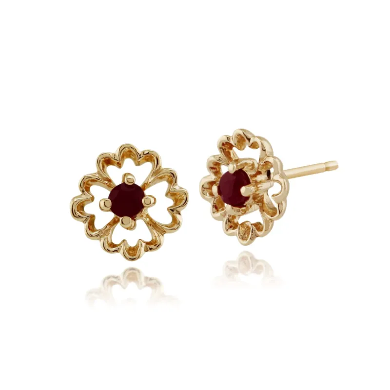 Floral Round Ruby Stud Earrings in 9ct Yellow Gold sold by Gemondo Jewellery
