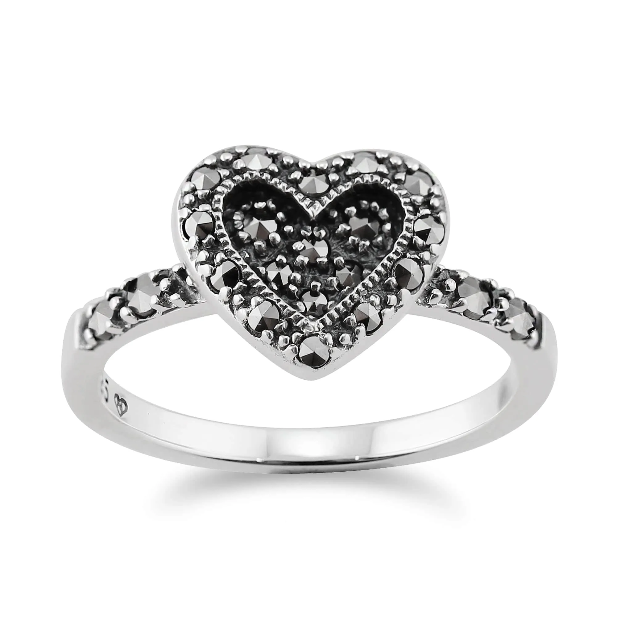 Art Deco Style Round Marcasite Love Heart Ring in 925 Sterling Silver sold by Gemondo Jewellery