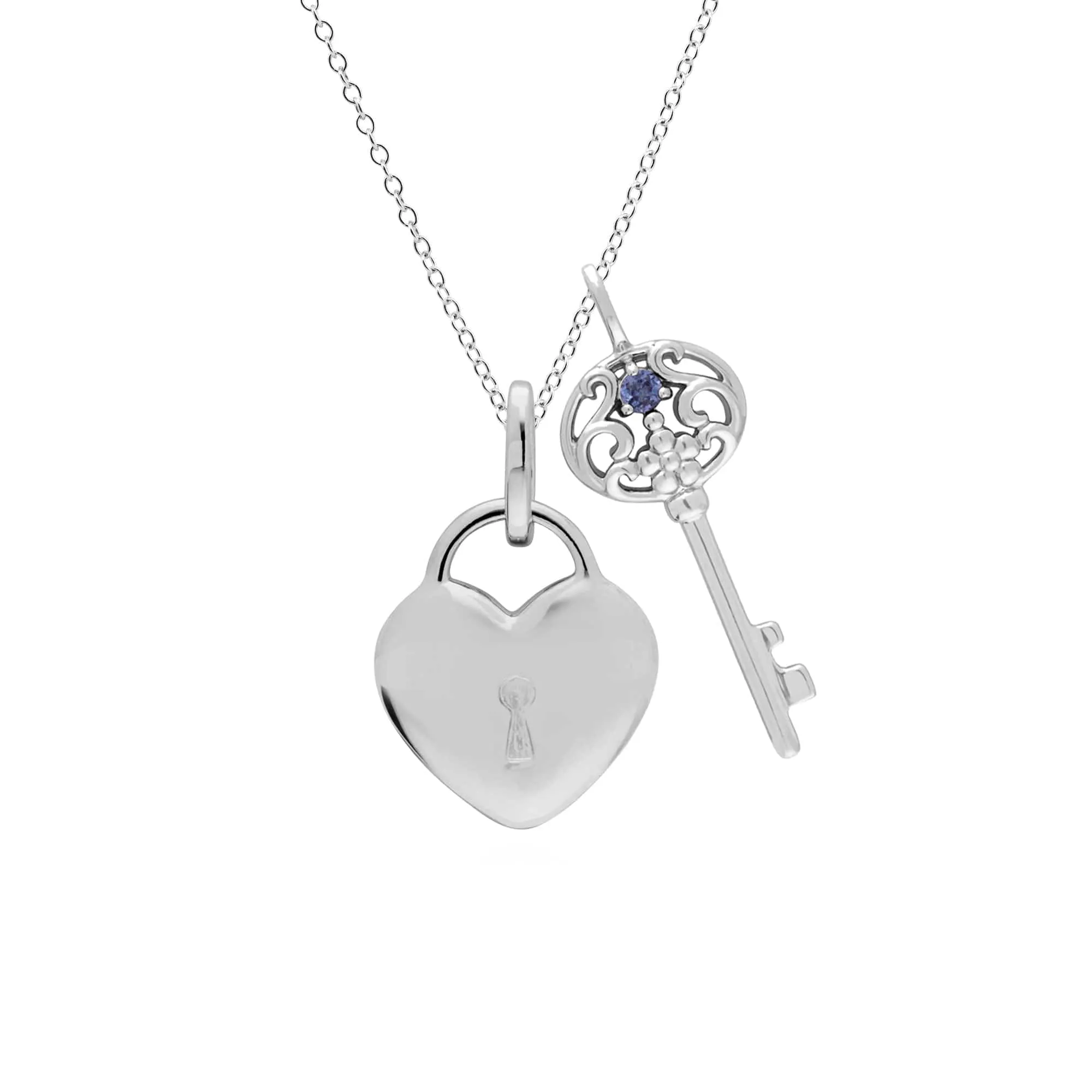 Classic Heart Lock Pendant & Tanzanite Big Key Charm in 925 Sterling Silver sold by Gemondo Jewellery
