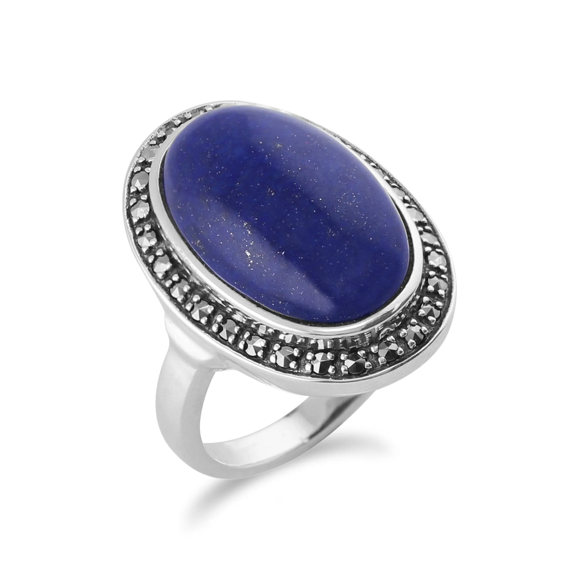 Boho Oval Lapis Lazuli Cabochon & Marcasite Ring in 925 Sterling Silver sold by Gemondo Jewellery product image thumbnail 2