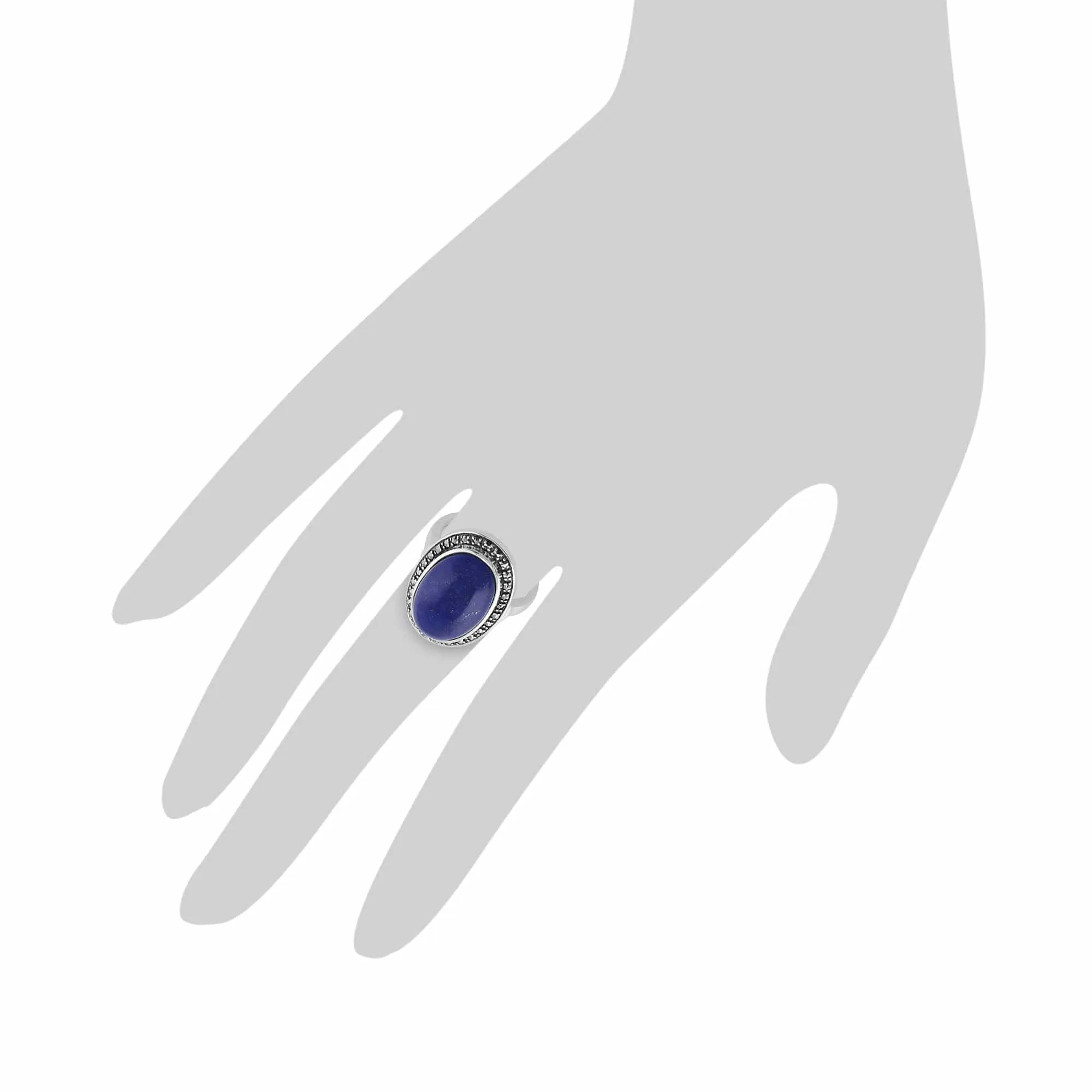 Boho Oval Lapis Lazuli Cabochon & Marcasite Ring in 925 Sterling Silver sold by Gemondo Jewellery product image thumbnail 3