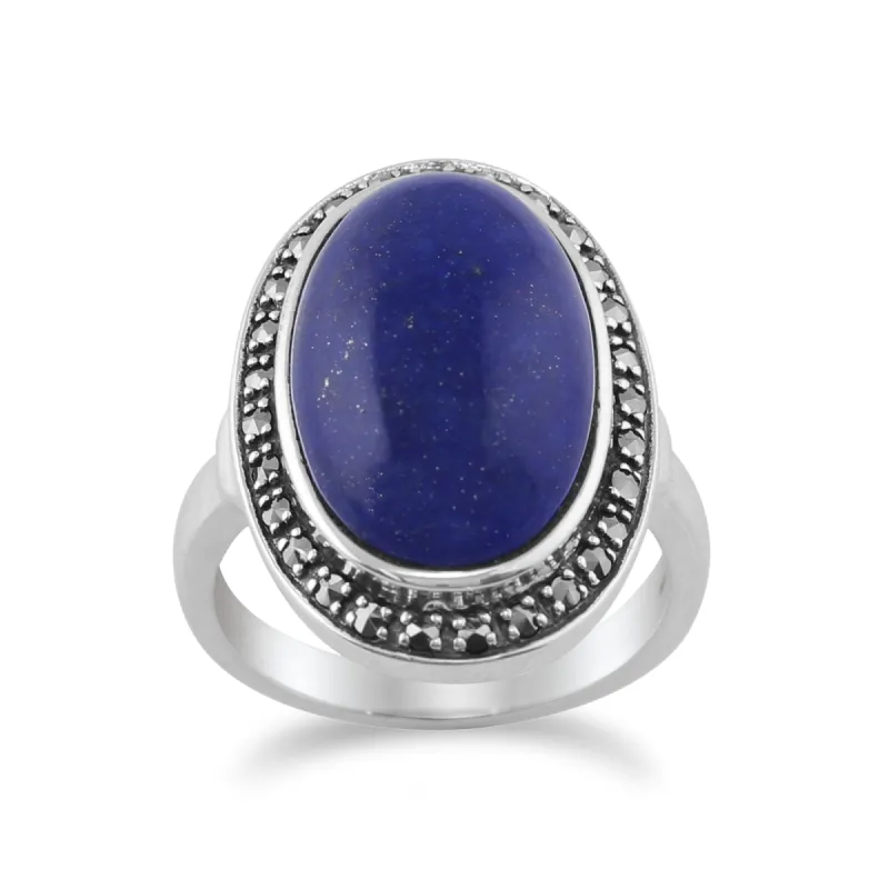 Boho Oval Lapis Lazuli Cabochon & Marcasite Ring in 925 Sterling Silver sold by Gemondo Jewellery