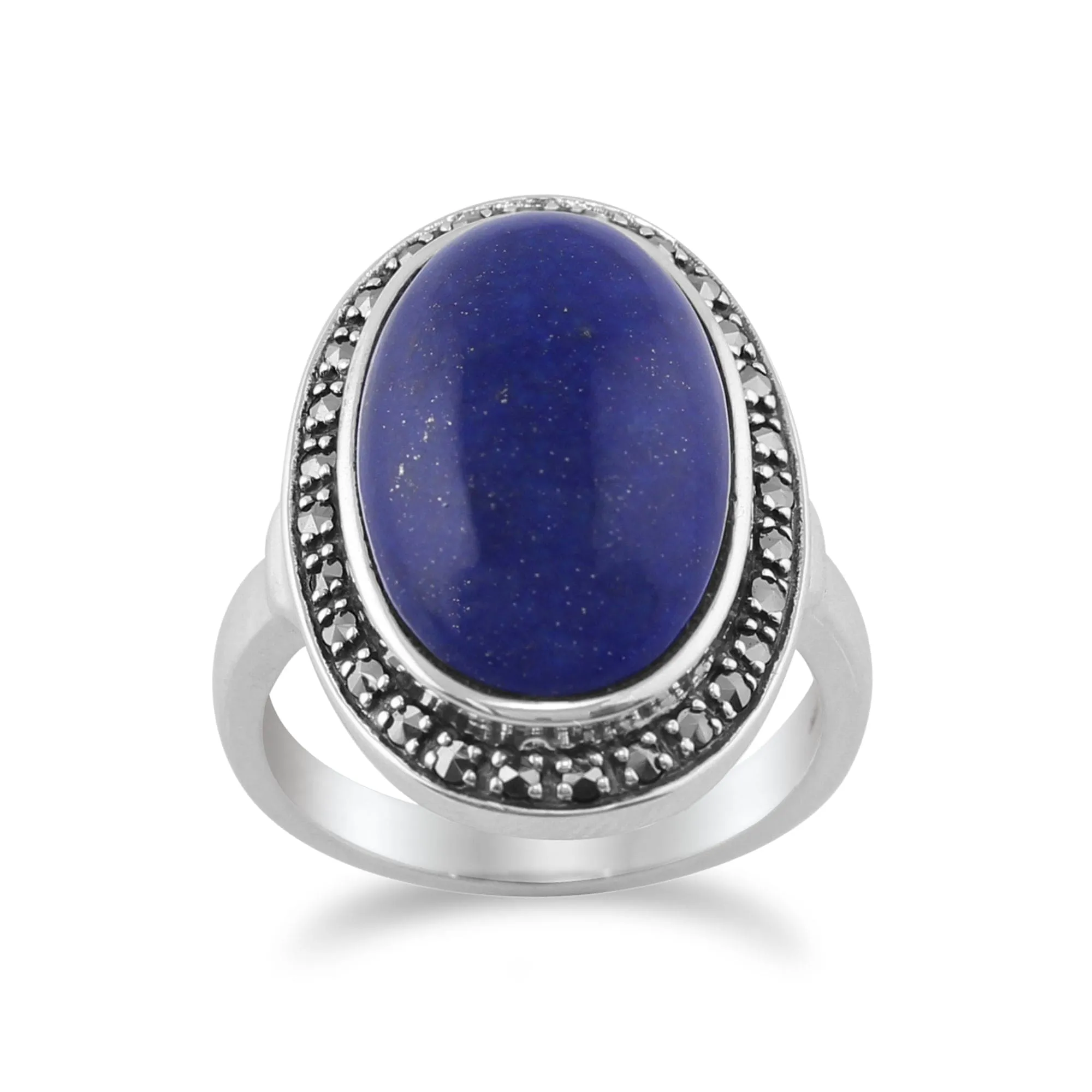 Boho Oval Lapis Lazuli Cabochon & Marcasite Ring in 925 Sterling Silver sold by Gemondo Jewellery