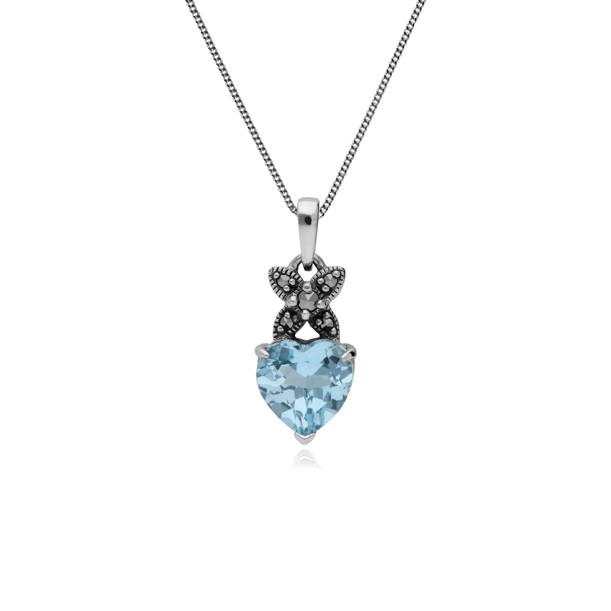 Sterling Silver Blue Topaz & Marcasite February Heart Pendant on 45cm Chain sold by Gemondo Jewellery