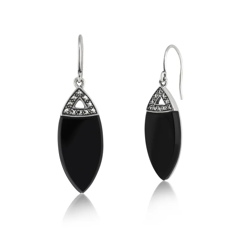 Art Deco Marquise Black Onyx & Marcasite Drop Earrings in 925 Sterling Silver sold by Gemondo Jewellery
