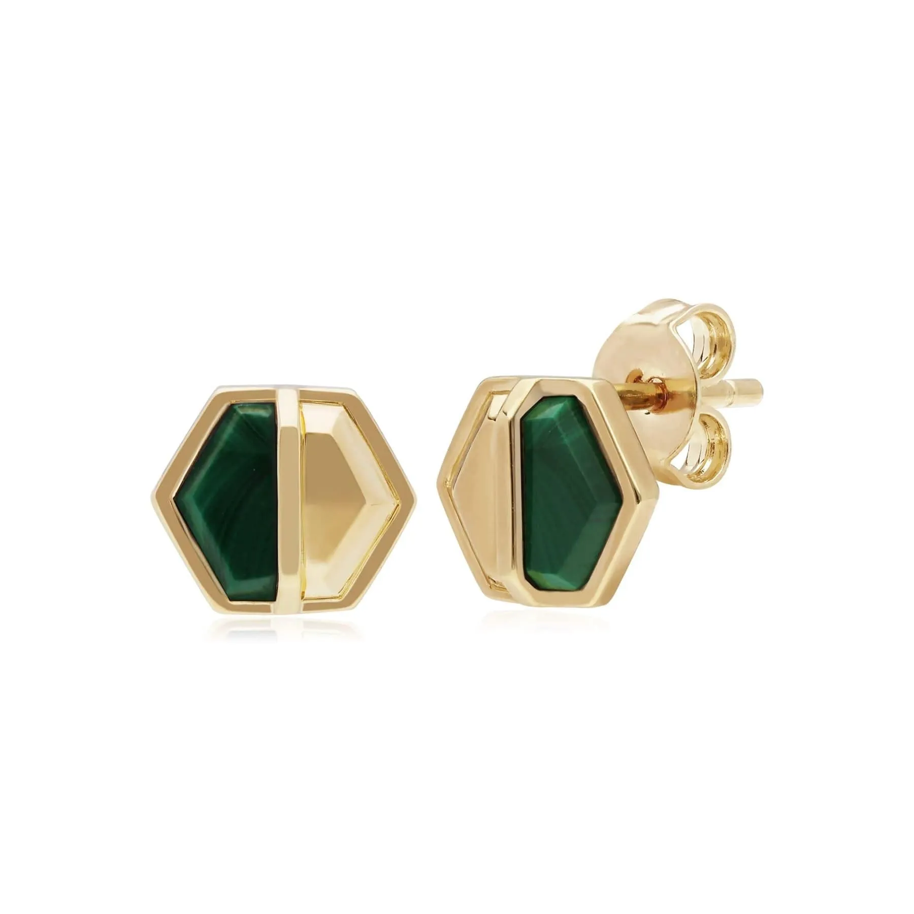 Micro Statement Malachite Hexagon Stud Earrings in Gold Plated Silver sold by Gemondo Jewellery