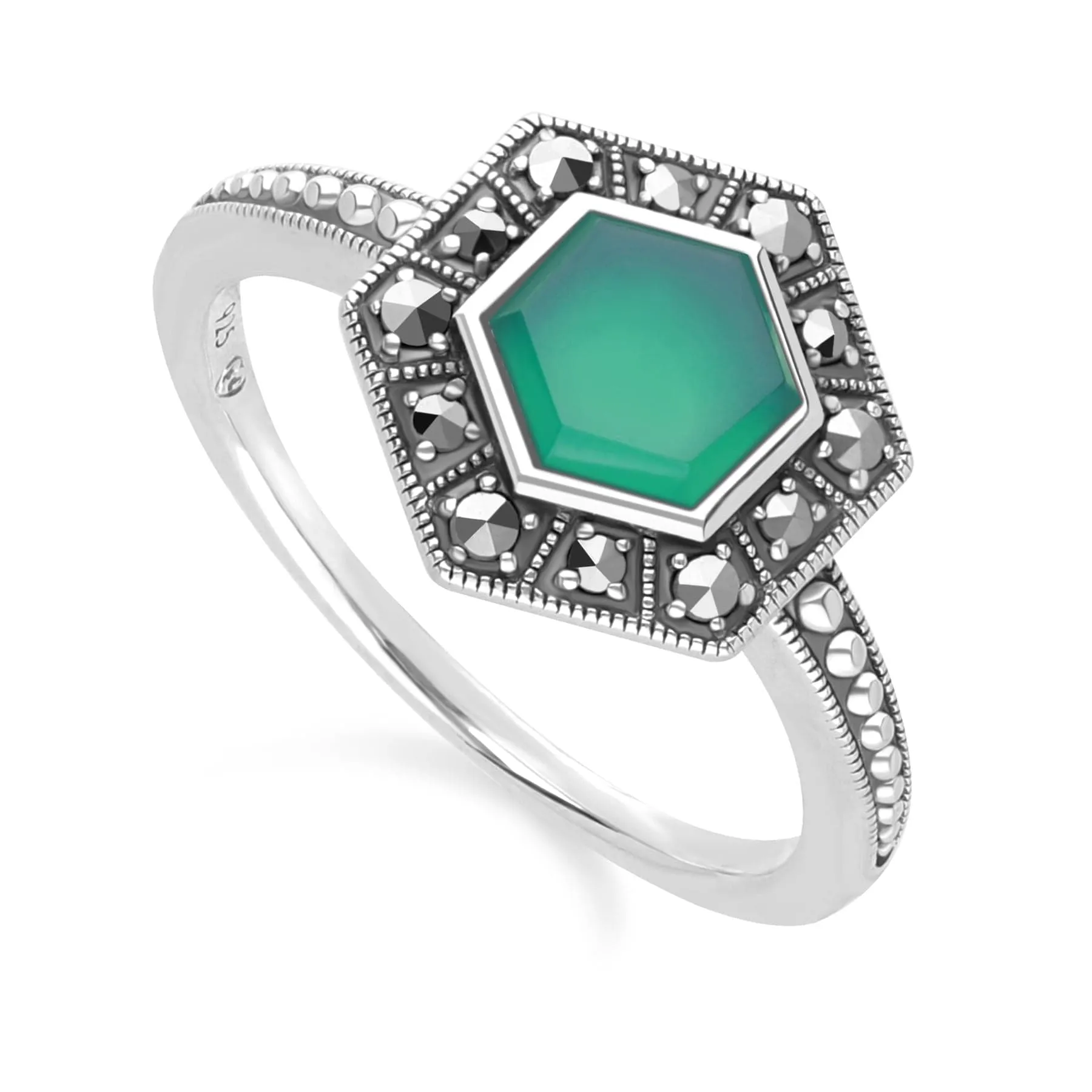 Art Deco Style Hexagon Chalcedony and Marcasite Ring in Sterling Silver sold by Gemondo Jewellery product image thumbnail 3