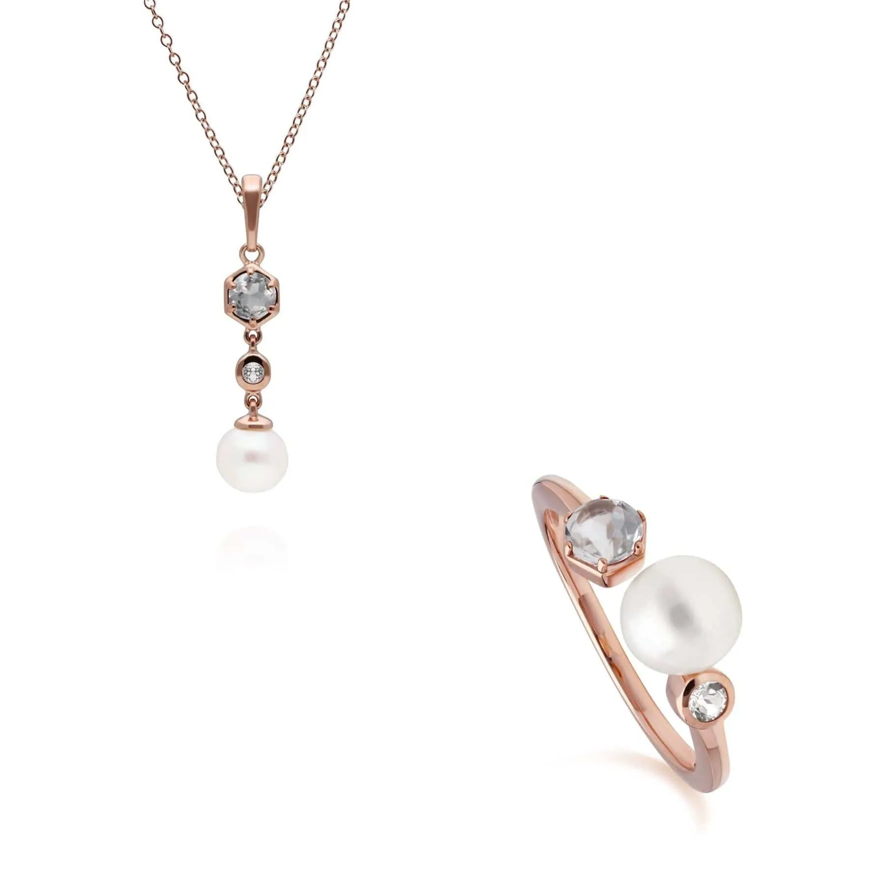 Modern Pearl & White Topaz Pendant & Ring Set in Rose Gold Plated Silver sold by Gemondo Jewellery