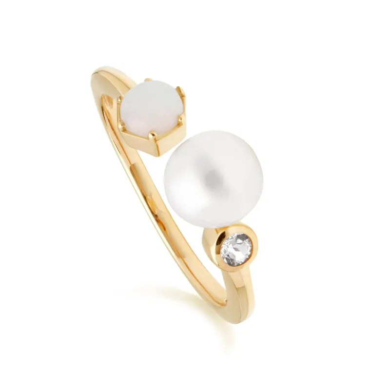Modern Pearl, Opal & White Topaz Open Ring in Gold Plated Silver sold by Gemondo Jewellery