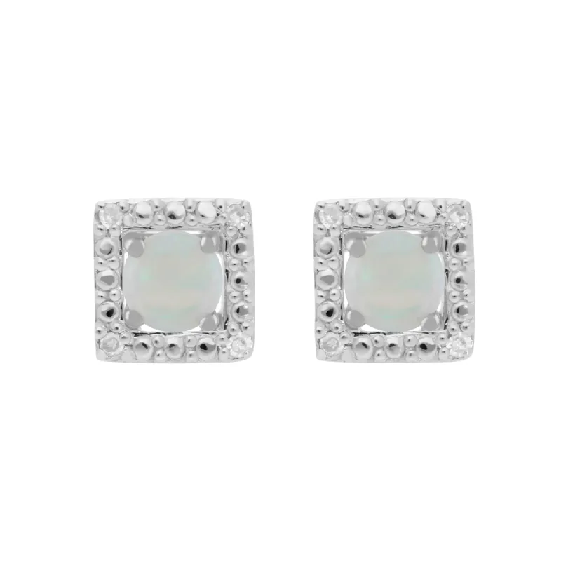 Classic Round Opal Stud Earrings with Detachable Diamond Square Ear Jacket in 9ct White Gold sold by Gemondo Jewellery