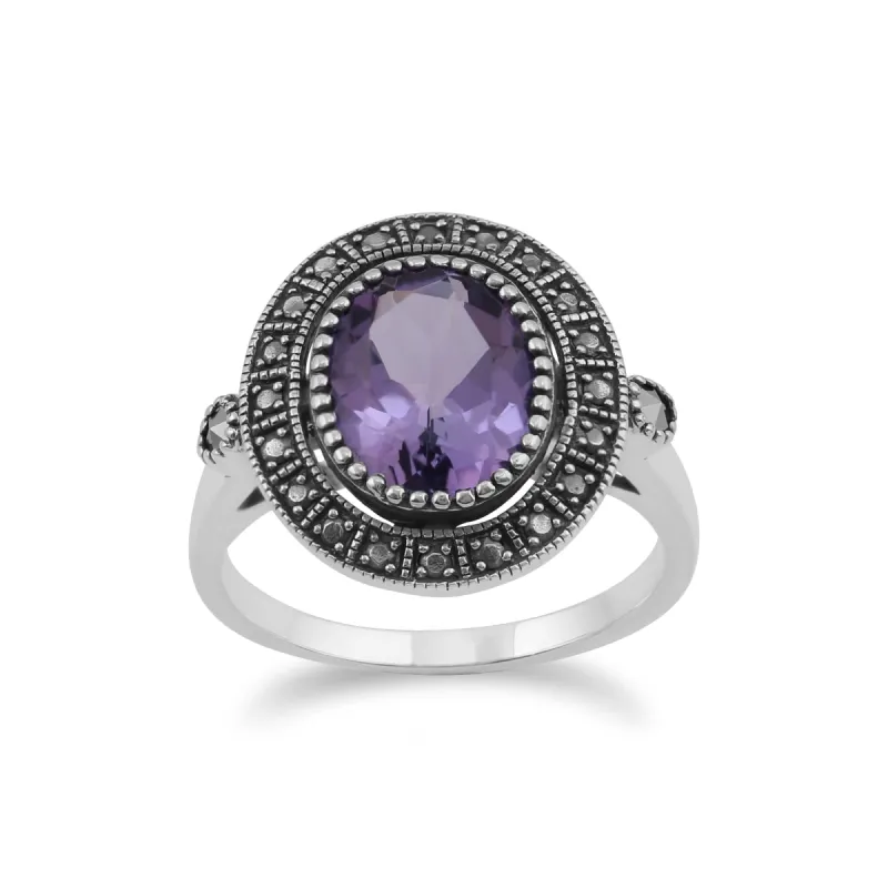 Art Deco Style Oval Amethyst & Marcasite Statement Cocktail Ring in 925 Sterling Silver sold by Gemondo Jewellery