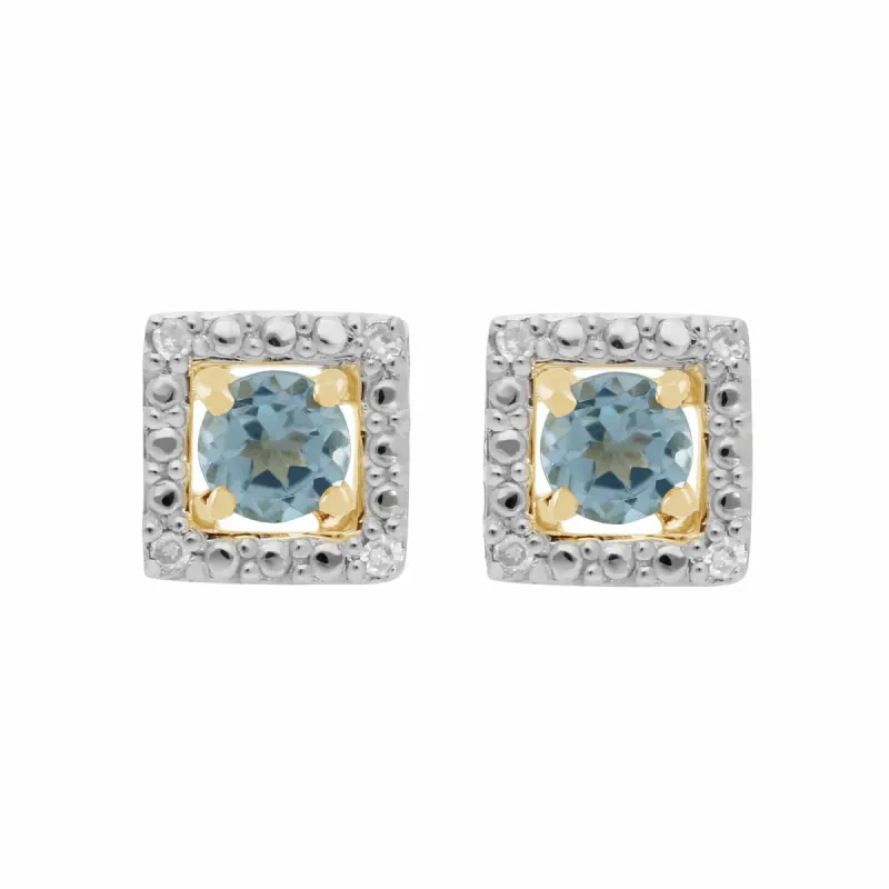 Classic Round Blue Topaz Stud Earrings with Detachable Diamond Square Earrings Jacket Set in 9ct Yellow Gold sold by Gemondo Jewellery