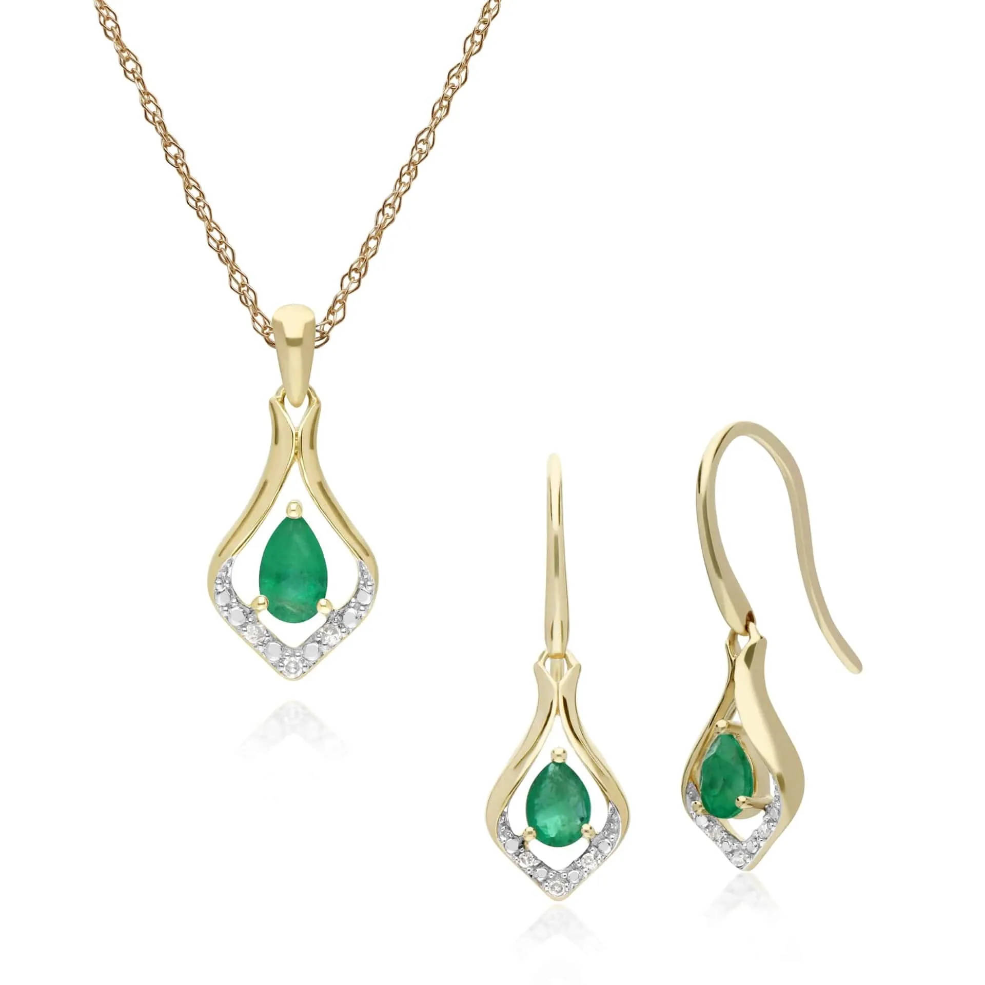 Classic Emerald & Diamond Leaf Drop Earrings & Pendant Set in 9ct Gold sold by Gemondo Jewellery