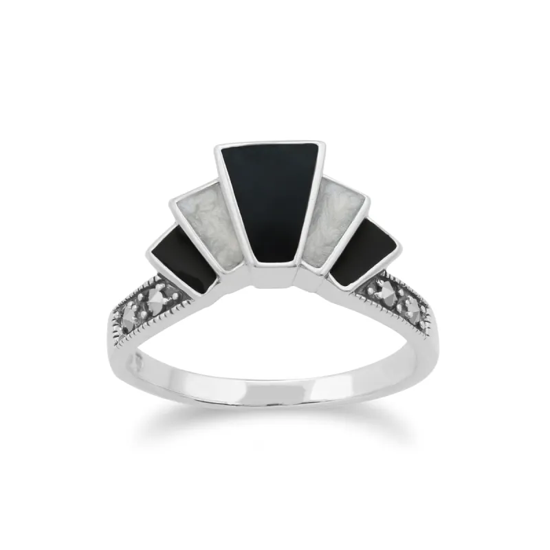 Art Deco Style Marcasite & Black and White Enamel Gradient Fan Ring in 925 Sterling Silver sold by Gemondo Jewellery