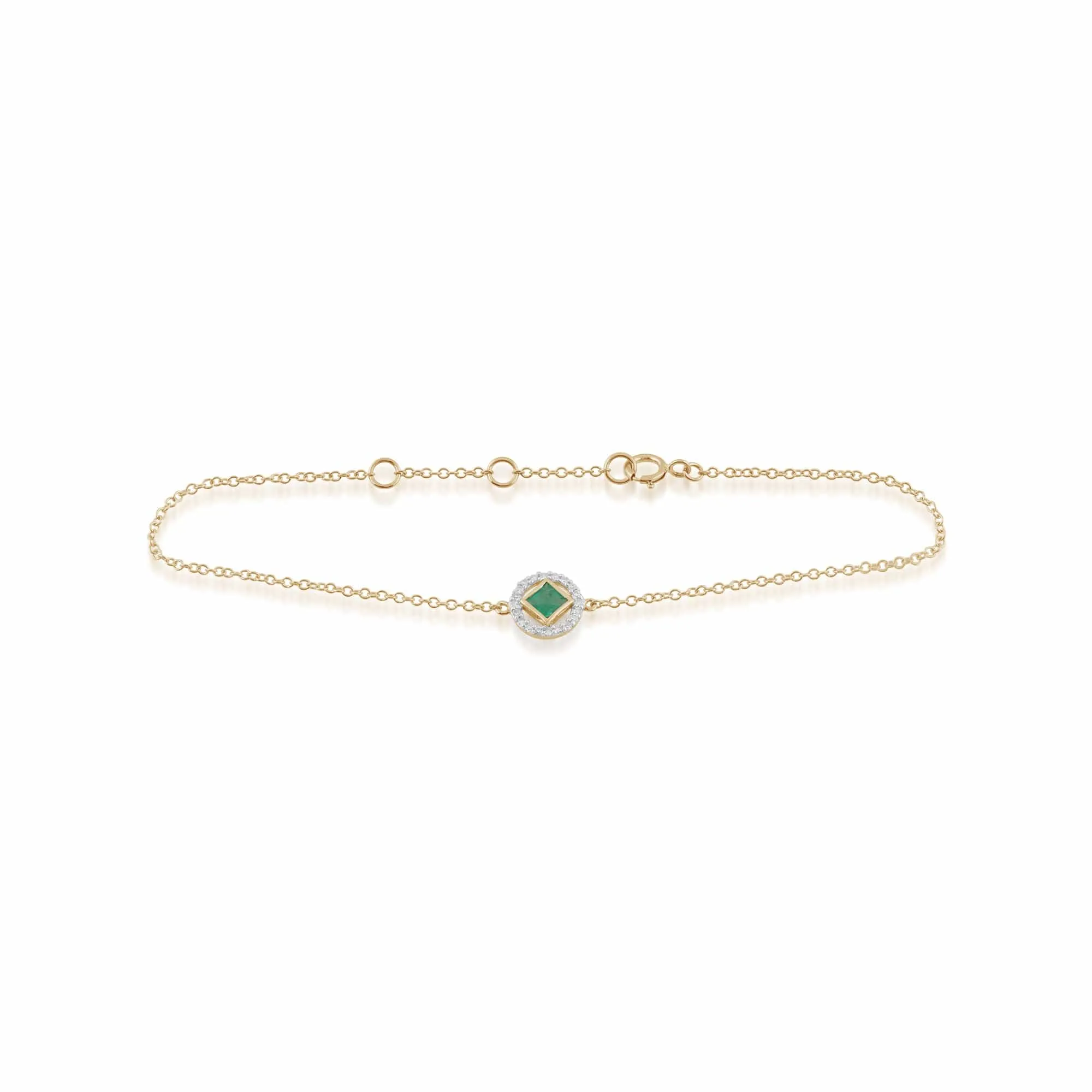 Classic Square Emerald & Diamond Halo Bracelet in 9ct Yellow Gold sold by Gemondo Jewellery