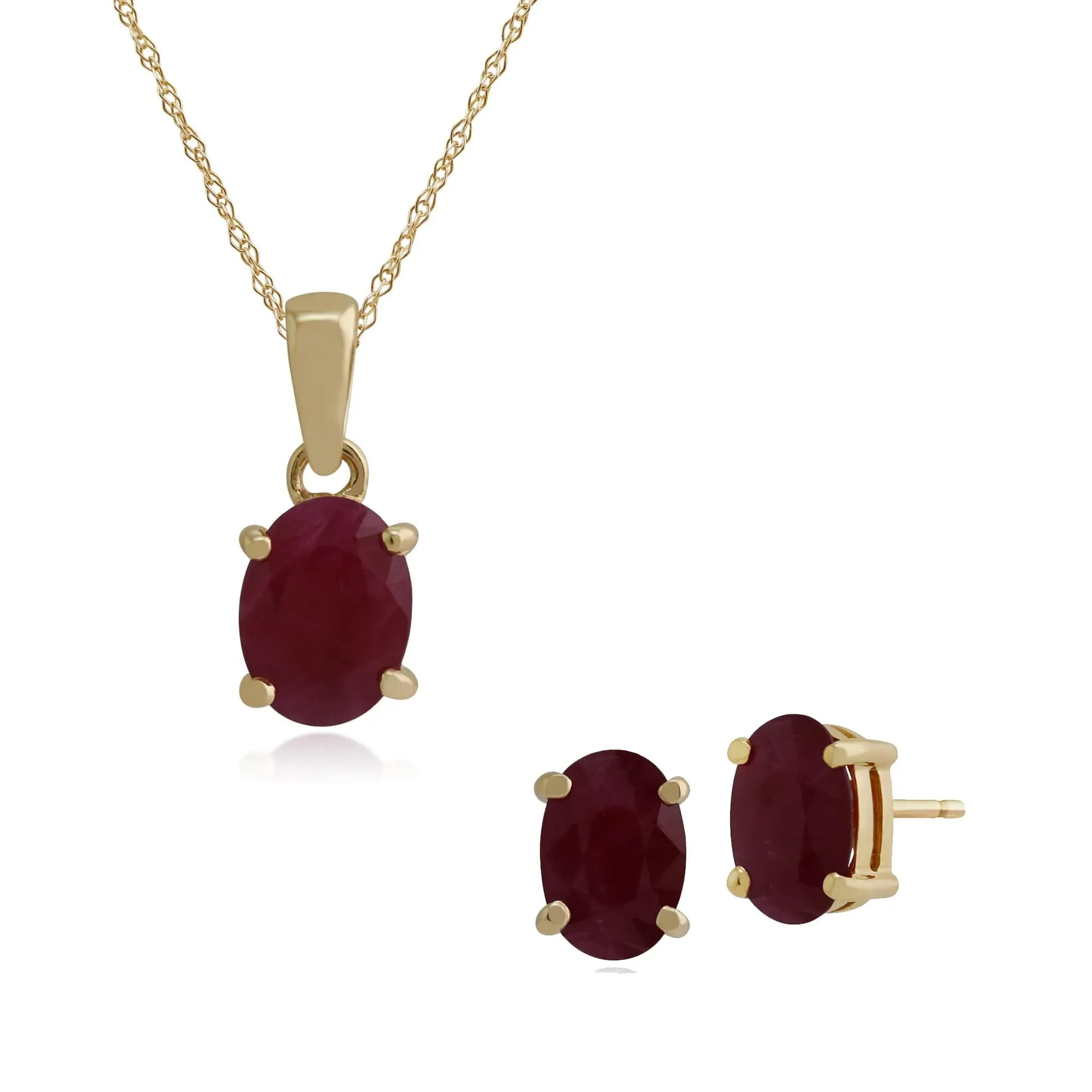 Classic Oval Ruby Single Stone Stud Earrings & Pendant Set in 9ct Yellow Gold sold by Gemondo Jewellery