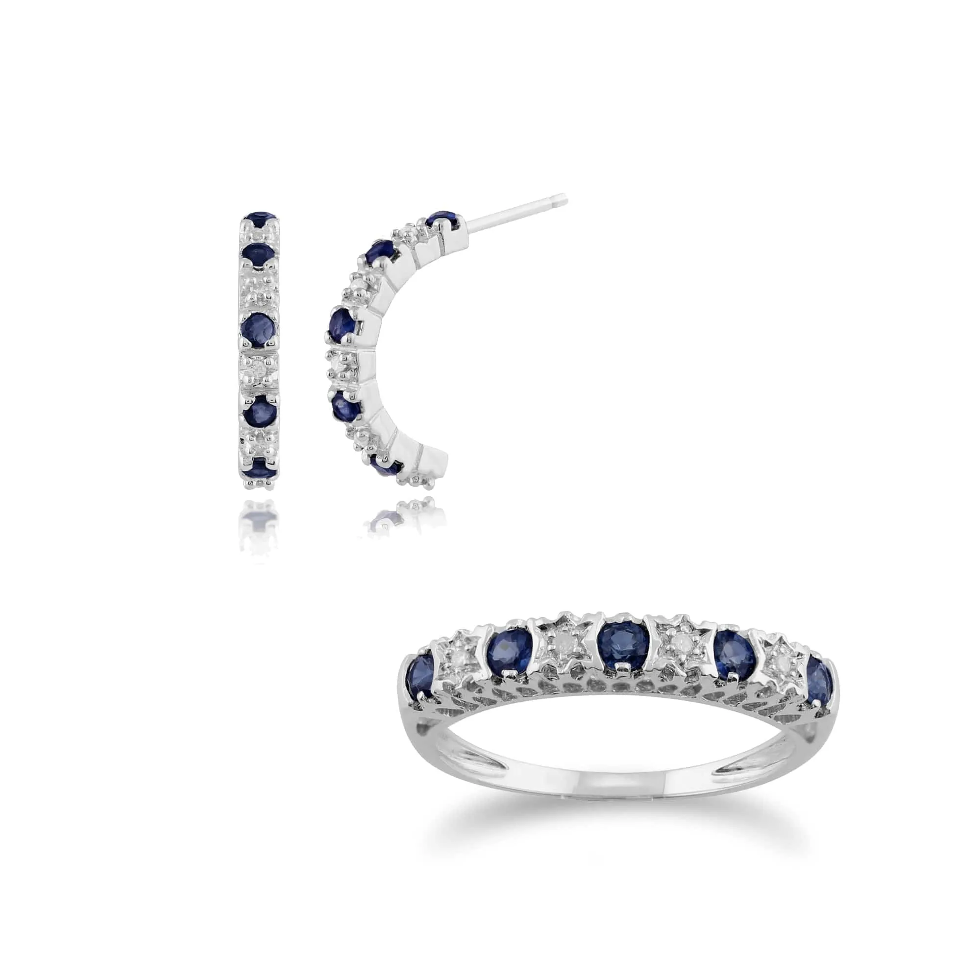 Classic Round Sapphire & Diamond Half Hoop Earrings & Half Eternity Ring Set in 9ct White Gold sold by Gemondo Jewellery