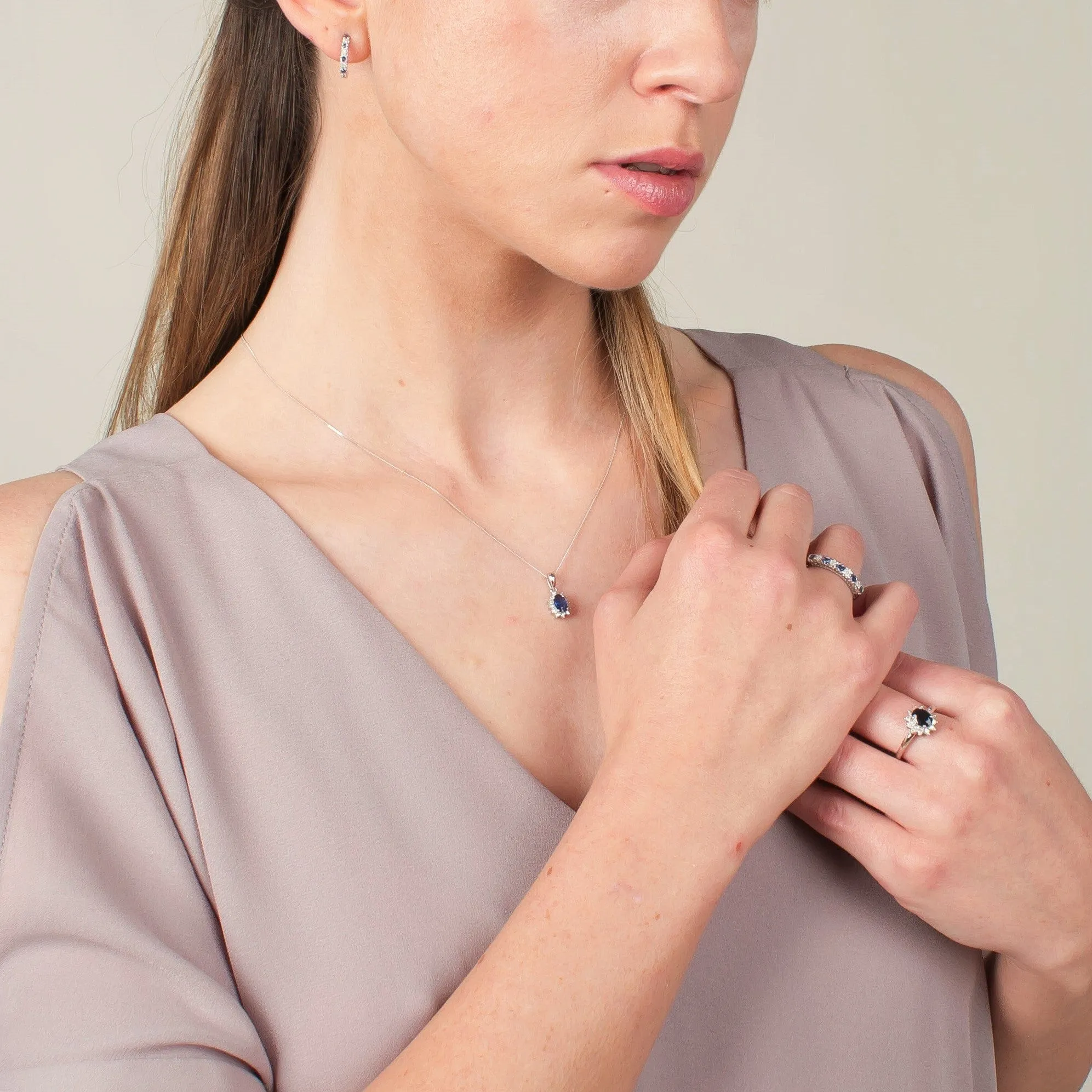 Classic Round Sapphire & Diamond Half Hoop Earrings & Half Eternity Ring Set in 9ct White Gold sold by Gemondo Jewellery product image thumbnail 2