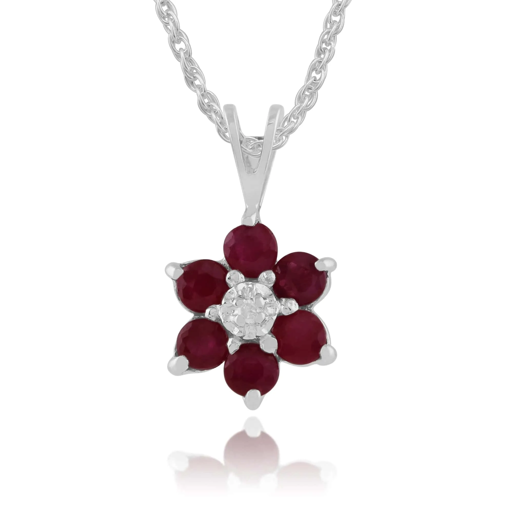 Floral Round Ruby & Diamond Pendant in 9ct White Gold sold by Gemondo Jewellery