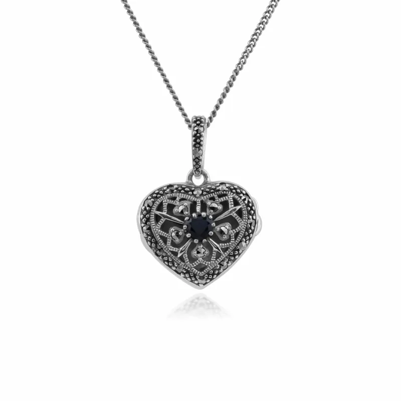 Art Nouveau Style Round Sapphire & Marcasite Heart Necklace in 925 Sterling Silver sold by Gemondo Jewellery