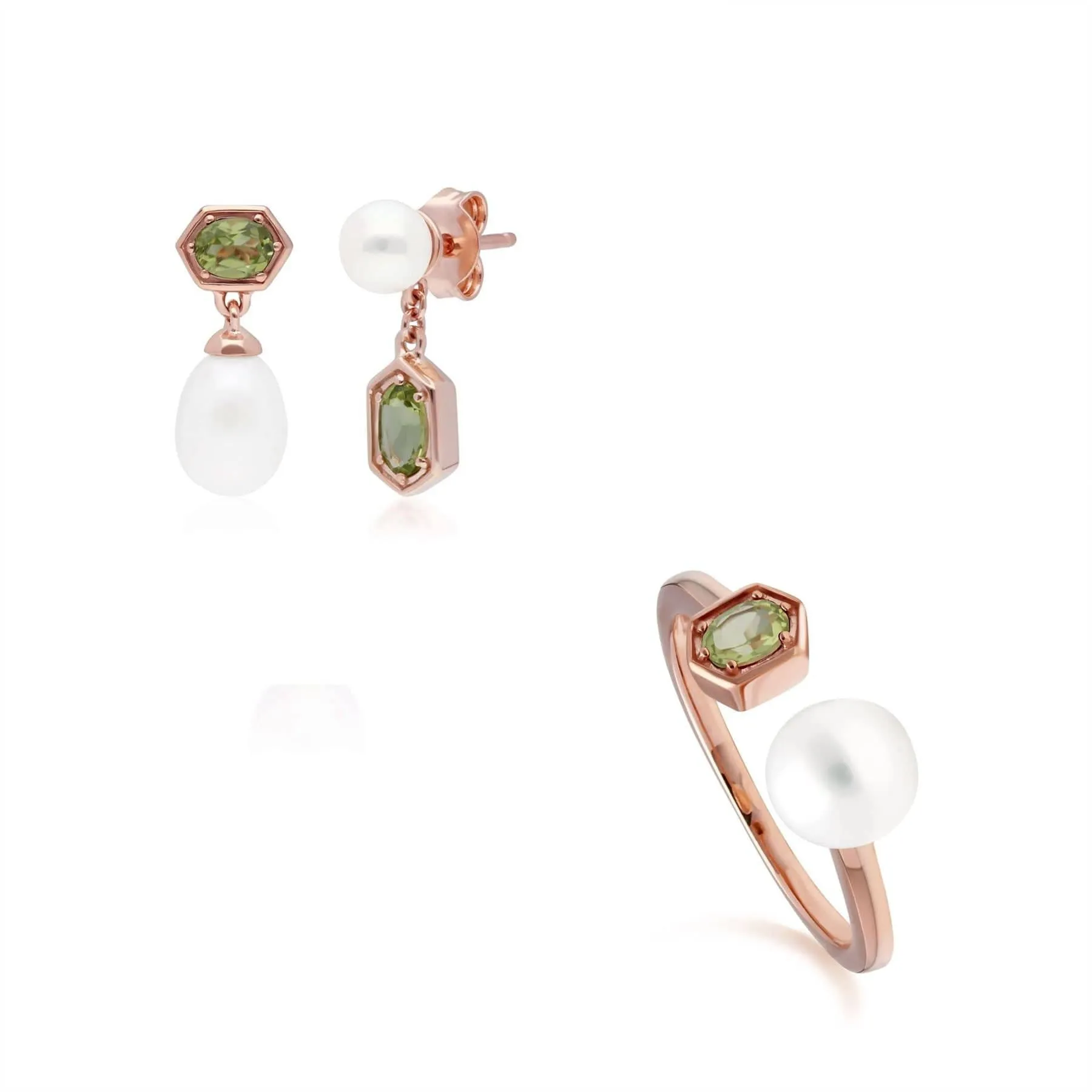Modern Pearl & Peridot Earring & Ring Set in Rose Gold Plated Silver sold by Gemondo Jewellery