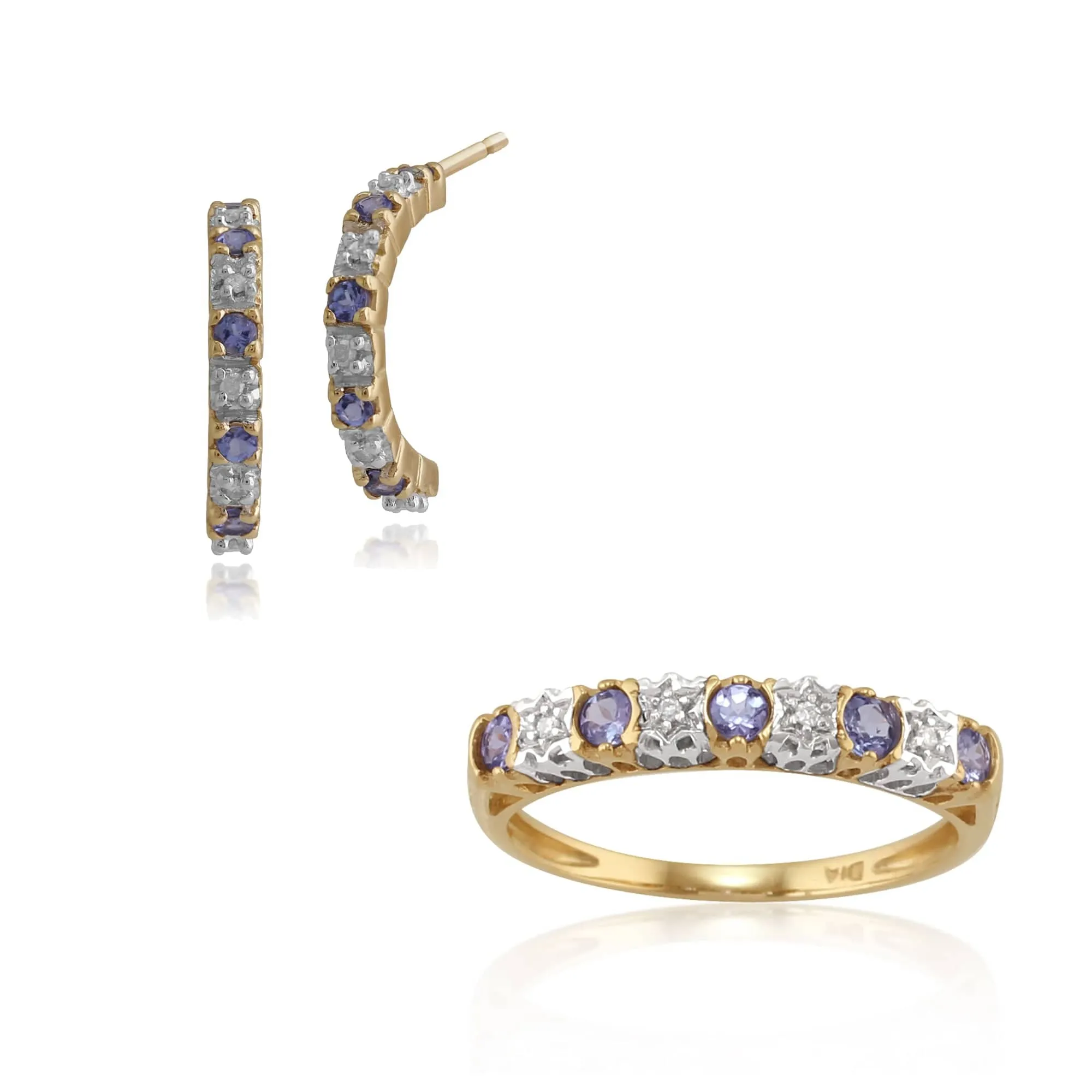 Classic Round Tanzanite & Diamond 9ct Yellow Gold Half Hoop Earrings & Half Eternity Ring sold by Gemondo Jewellery