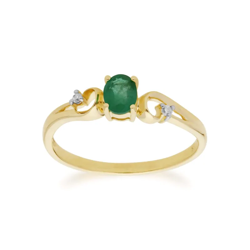 Classic Oval Emerald & Two Diamond Ring in 9ct Yellow Gold sold by Gemondo Jewellery