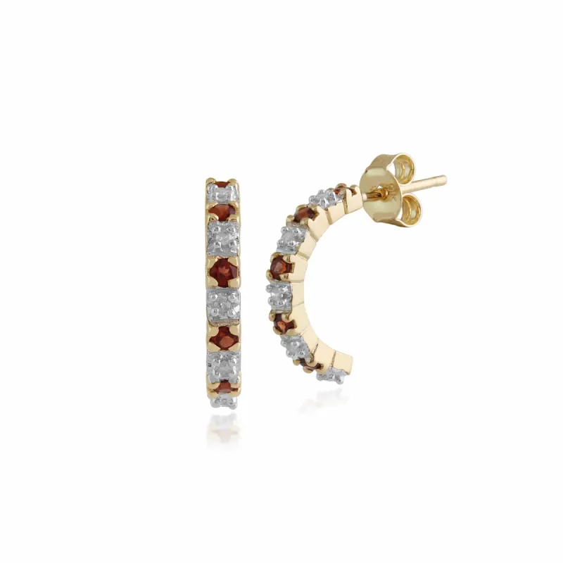 Classic Round Garnet & Diamond Half Hoop Earrings in 9ct Yellow Gold sold by Gemondo Jewellery