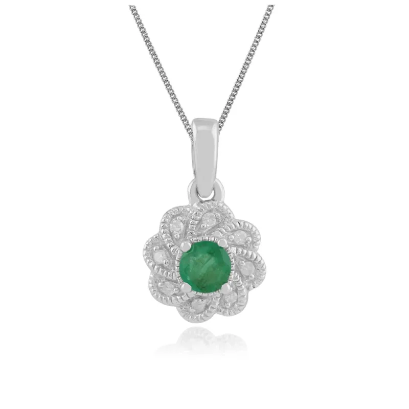 Gemondo 9ct White Gold 0.20ct Emerald & Diamond Floral Pendant on 45cm Chain sold by Gemondo Jewellery
