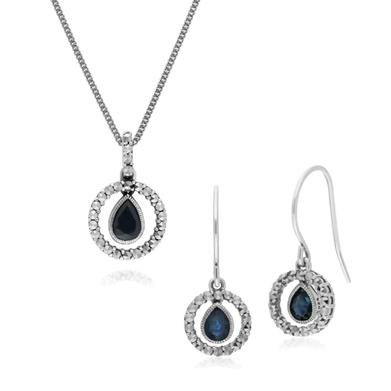Classic Tear Drop Sapphire & Marcasite Drop Earrings & 45cm Necklace Set sold by Gemondo Jewellery