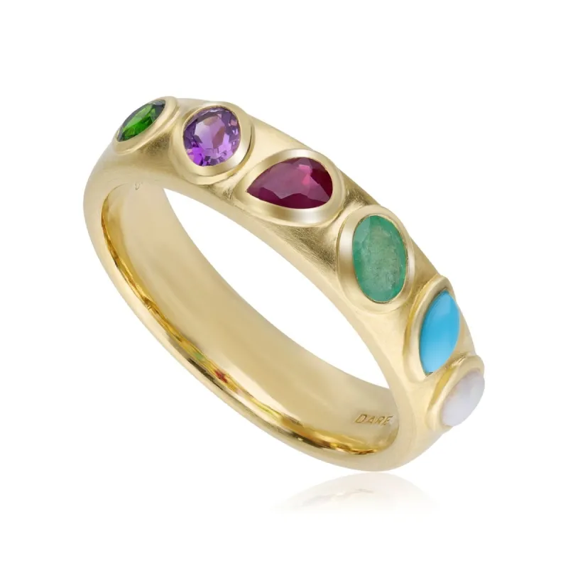Coded Whispers Brushed Gold 'Dare To' Acrostic Gemstone Ring sold by Gemondo Jewellery