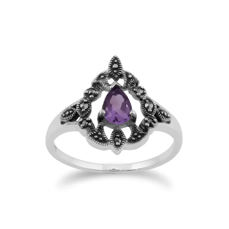 Art Nouveau Style Pear Amethyst & Marcasite Statement Ring in 925 Sterling Silver sold by Gemondo Jewellery