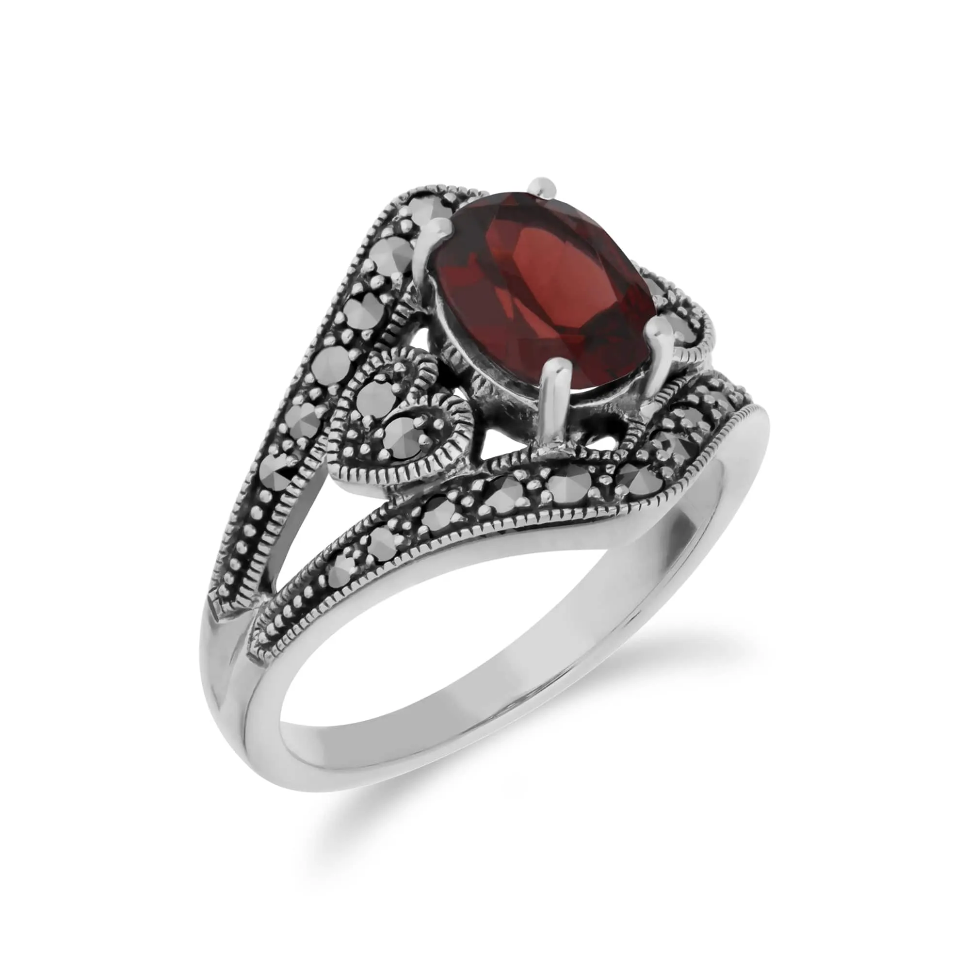 Art Deco Style Oval Garnet & Marcasite in 925 Sterling Silver sold by Gemondo Jewellery product image thumbnail 2