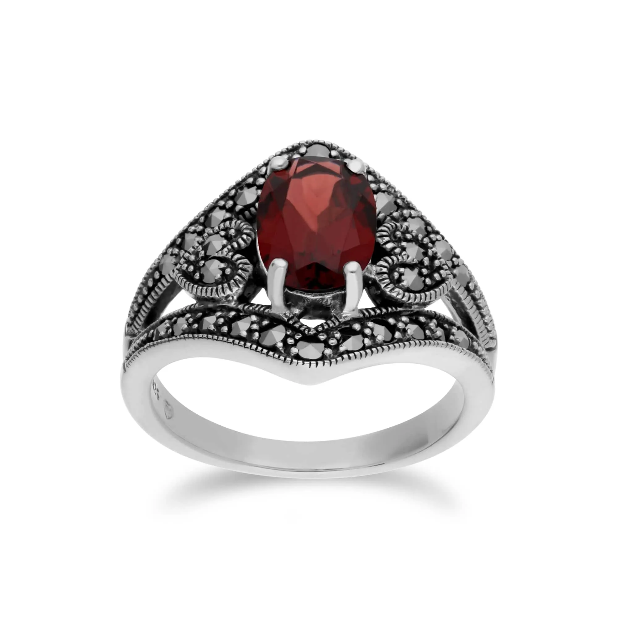 Art Deco Style Oval Garnet & Marcasite in 925 Sterling Silver sold by Gemondo Jewellery